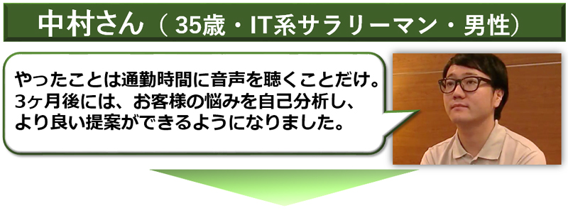 やったことは通勤時間に音声を聴くことだけ。 3ヶ月後には、お客様の悩みを自己分析し、 より良い提案ができるようになりました。